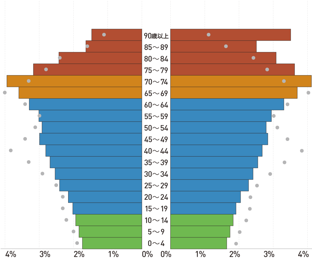全国の将来推計人口の男女、年齢(5歳階級)別割合 2045