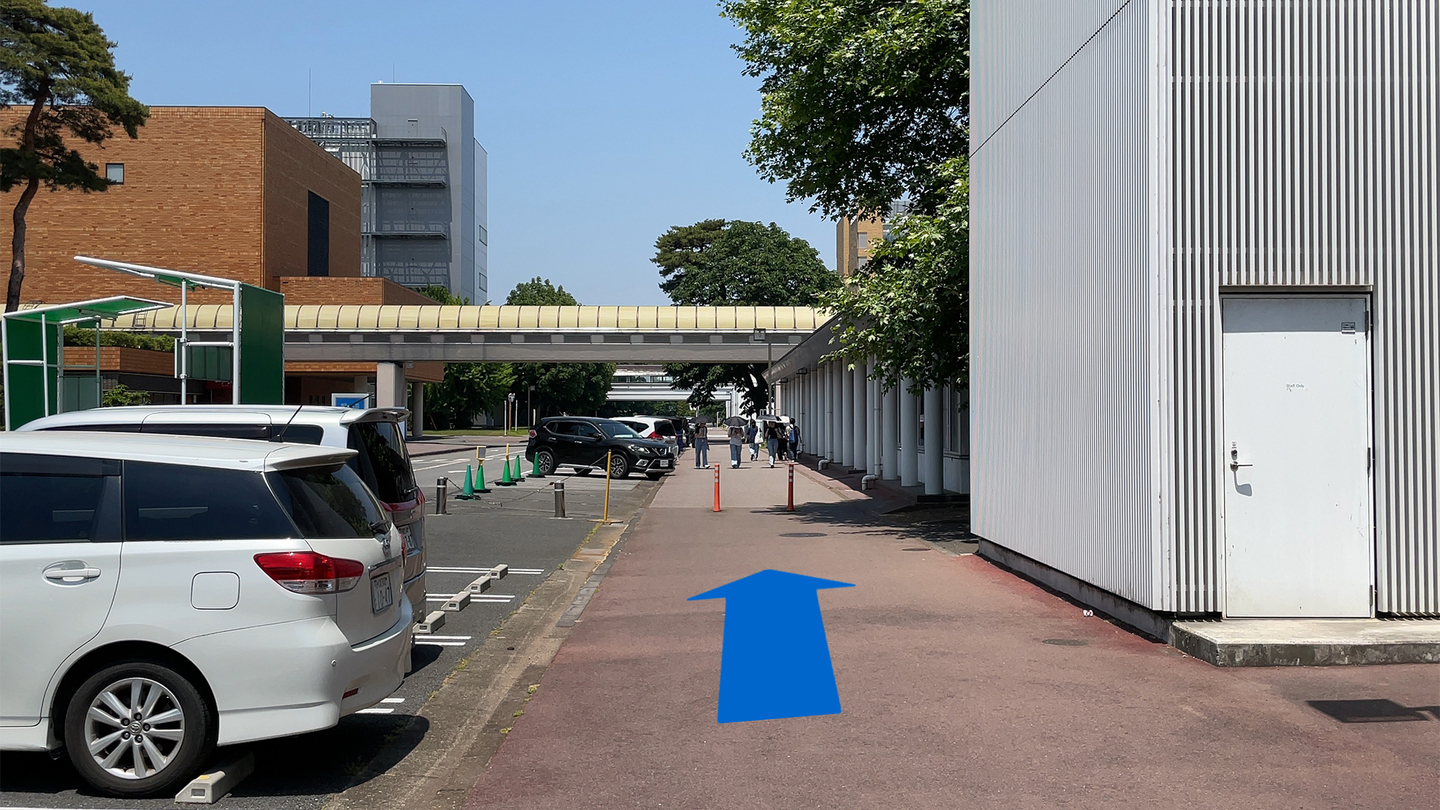 まっすぐ左側のオレンジの建物に向かってください。