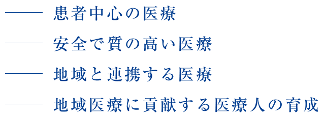 患者中心の医療、安全で質の高い医療、地域と連携する医療、地域医療に貢献する医療人の育成