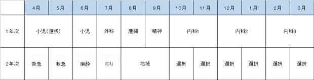 小児科プログラム（定員2名）ローテーション例