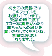 初めての受診では このファイルを お渡ししています。 受診の時に渡す エコー写真を貼ったり 赤ちゃんへの思いを 書いたりしてくださいね。 素敵な記念と なりますよ。 