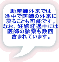 助産師外来では 途中で医師の外来に 戻ることも可能です。 なお、妊娠経過中には 医師の診察も数回 含まれています。 